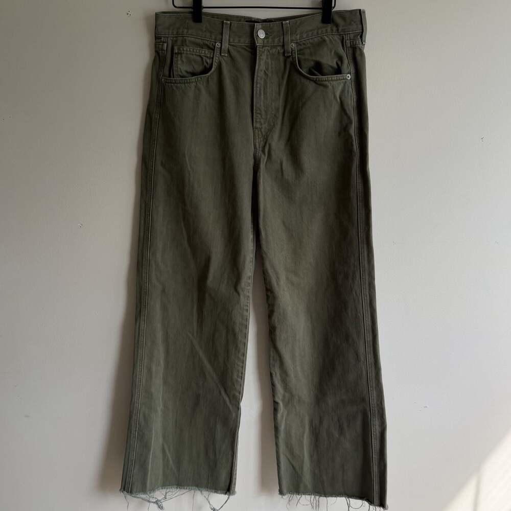 Veronica Beard Taylor Relaxed Wide Leg High Rise Jeans Green Size 30 Raw Hem